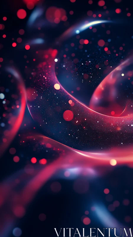 Abstract neon ribbons with glowing red and blue particles.