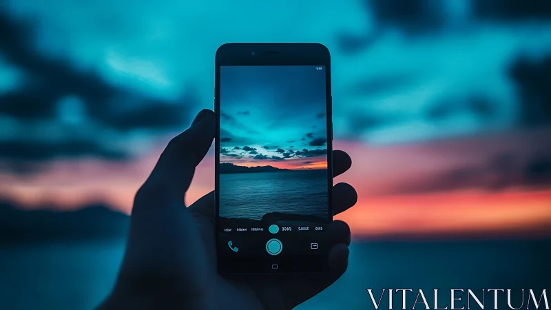 Smartphone captures sunset seascape in twilight hour.