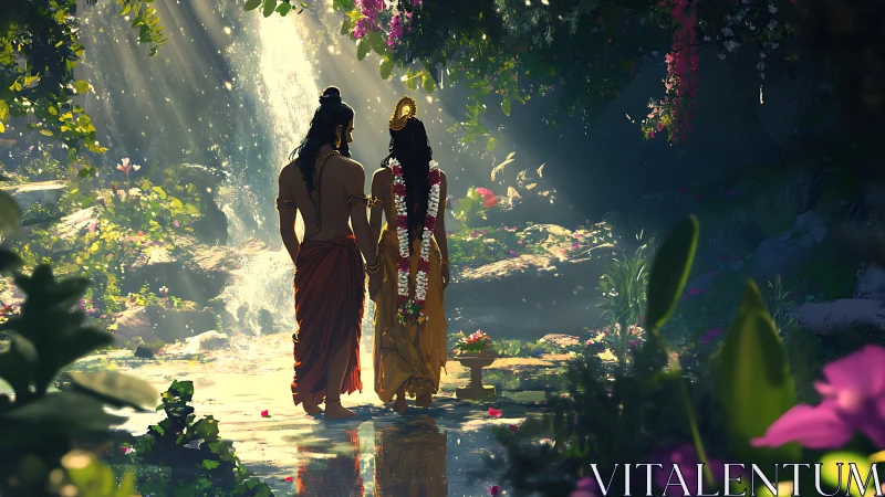 Two robed figures stand before a waterfall in dense forest