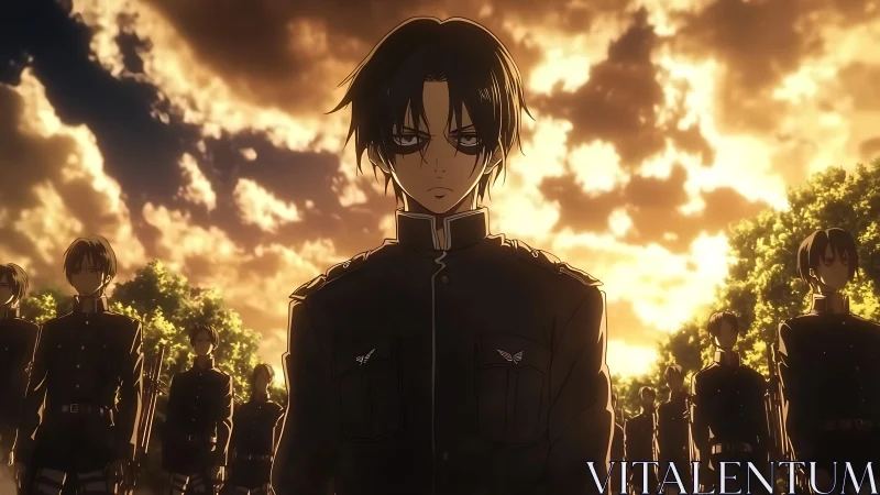 Storm-eyed cadet marches forward beneath burning clouds