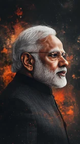 Profile portrait of mature man in suit against dark abstract.