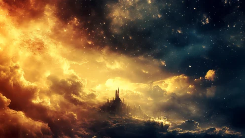 Golden sky kingdom glows gently between clouds and stars