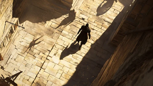 Hooded wanderer crossing sunlit stone alley in quiet suspense.
