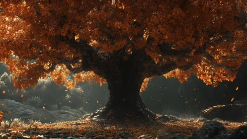 Ancient autumn tree glowing with cinematic backlight magic.