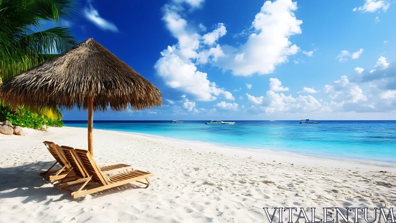 Tropical Strand with Thatched Parasol and Wooden Lounge Chairs.