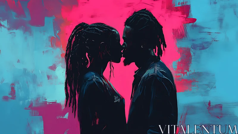 Two figures in silhouette against neon background