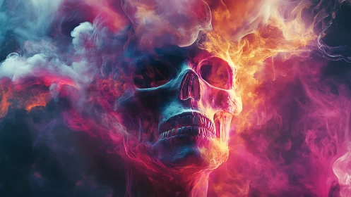 Chromatic vapor skull in luminous nebular combustion field.