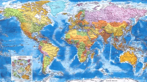Detailed political world map highlights countries and oceans