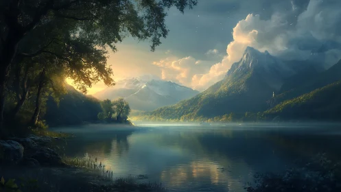 Dawnlight drapes a tranquil fantasy lake in alpine majesty.