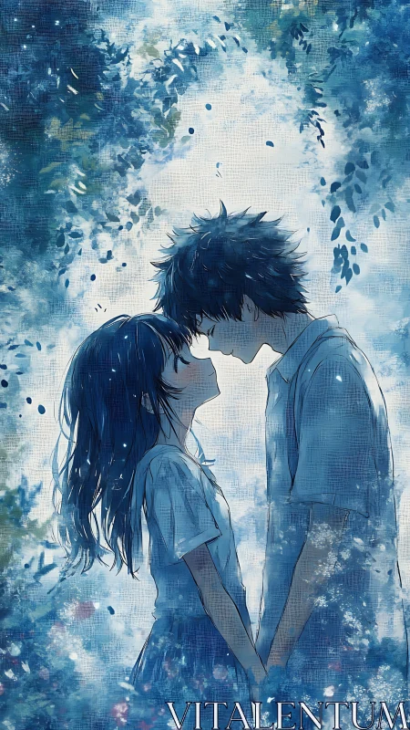 Quiet anime couple standing close in blue forest scene.