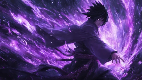Dark-clad anime warrior with swirling violet energy field.
