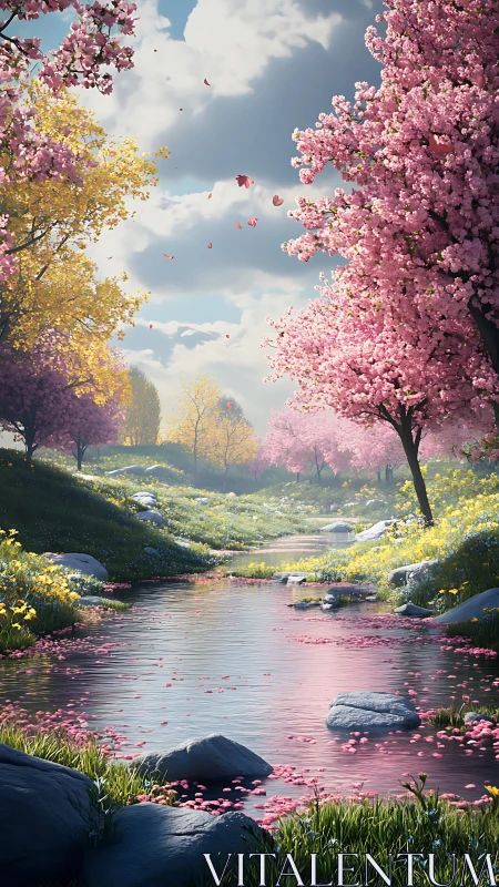 Spring stream corridor with pink blossom trees in daylight.