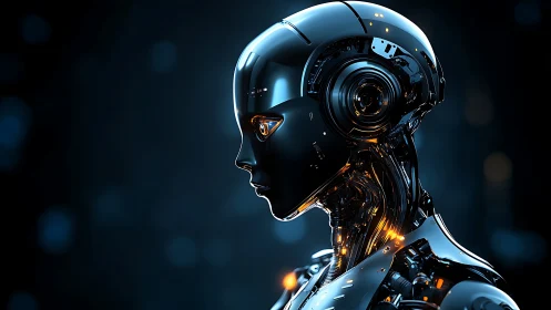 Side-profile android head shows reflective alloy shell and lights