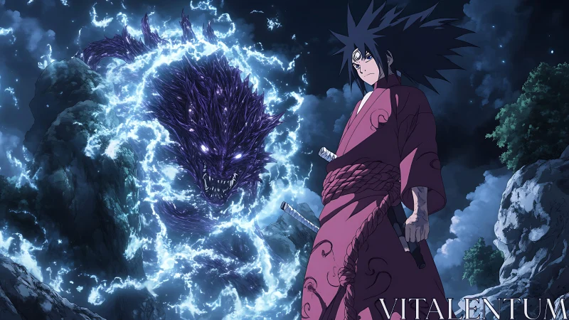 Robe-clad anime fighter with spectral beast in rocky night scene.