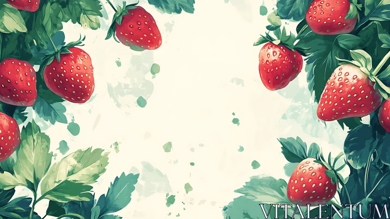 Strawberries and foliage frame central negative space in painterly style