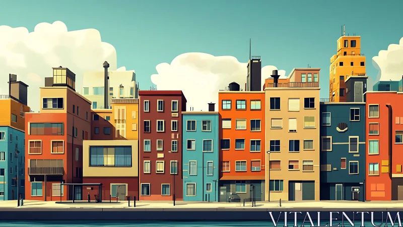 Color-blocked city waterfront under clear midday sky.