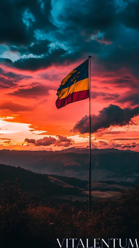 Sunset flag over misty hills in vivid stormy light.