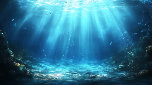 Underwater seafloor with filtered sunlight and marine life.
