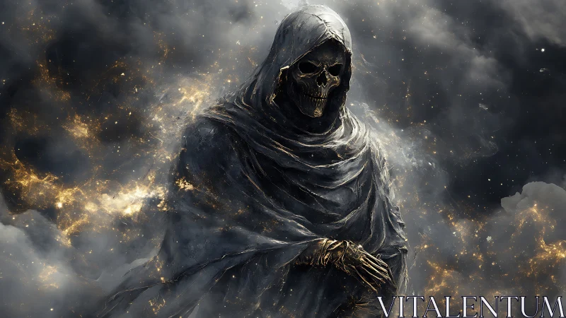 Hooded skeletal figure stands amid swirling dark particles