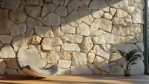 Stone wall interior shows lounge chair and potted plant