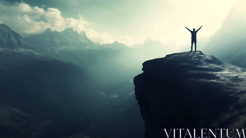 Silhouetted hiker celebrates at sunrise on a misty mountain cliff