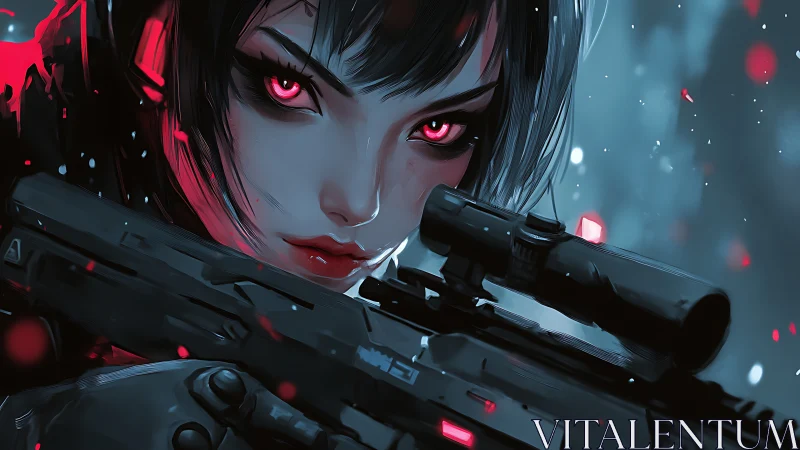 Female marksman holds scoped rifle in close frontal view