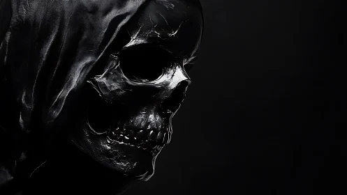 Specular black skull in hooded cloak under low key lighting
