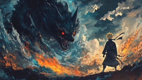 Warrior confronts colossal fiery-eyed beast in stormy skies