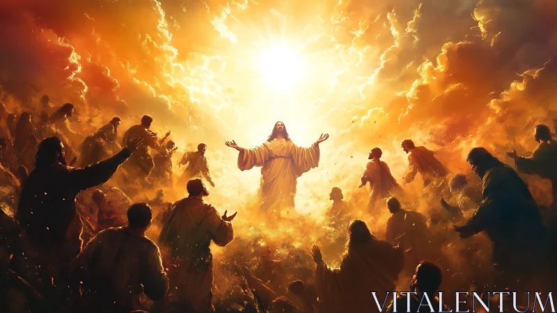 Radiant robed figure welcomes a crowd into glowing heaven