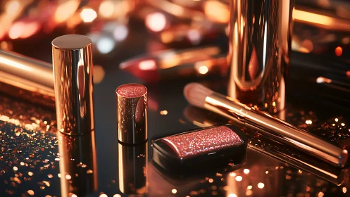 Luxe rose-gold makeup collection glows under warm lights.