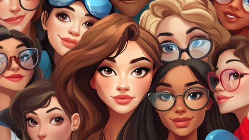 Diverse group of women in modern cartoon style, vibrant colors.