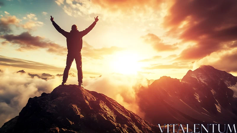 Sunlit mountain summit captures triumphant human silhouette.