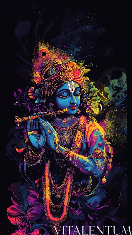 Divine blue deity plays flute amid neon floral aura