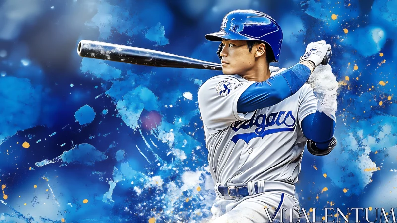 Powerful baseball swing painted in bold electric blues