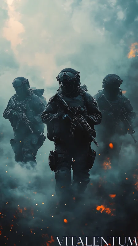 Midnight fireteam strides through smoke and cinderstorm.