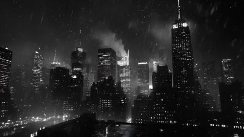 Rainy black and white night view of dense city skyline.