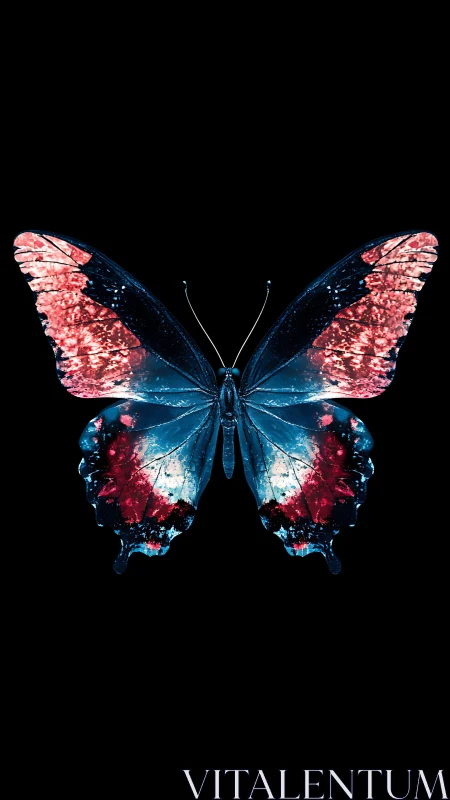 Iridescent blue and red butterfly on deep black field.