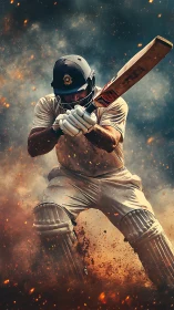 Cricketer executes powerful shot amid erupting dust and sparks