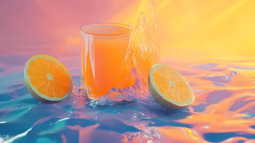Glass containing orange juice positioned adjacent to fresh citrus halves