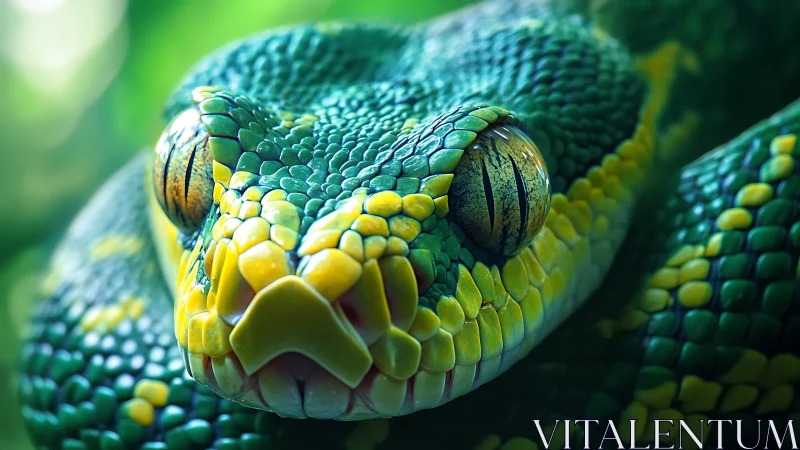 Macro close-up of emerald-scaled snake head with high-detail texture