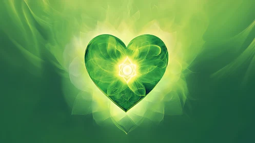 Luminescent green heart shape with concentric geometric energy core emanating radiance