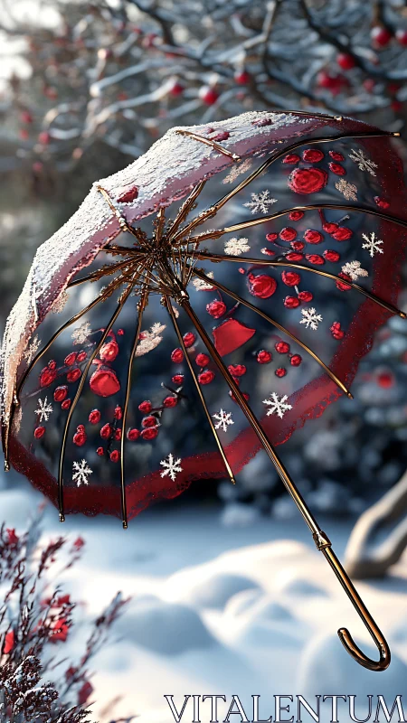 Red decorated umbrella in snowy winter orchard scene.