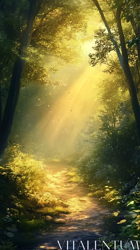 Sunlit forest trail glows with tranquil golden morning light