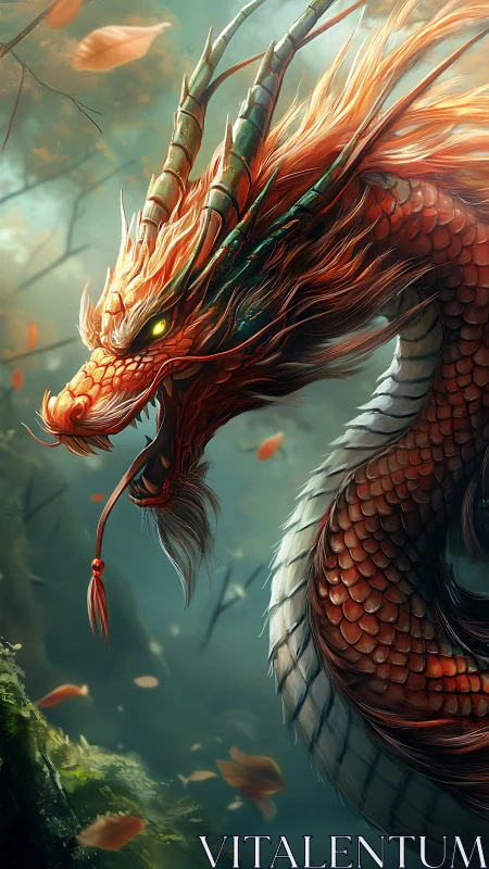 Fiery scaled dragon coils through misty forest air