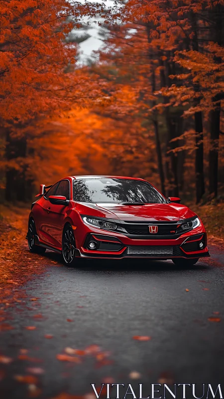 Photorealistic red sport sedan in autumn forest perspective.