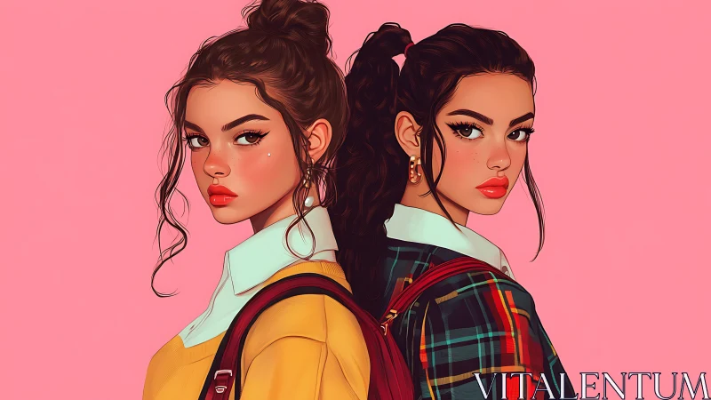 Stylized twin students in high-contrast flat-color digital portrait