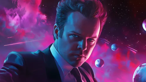 Male figure in suit against neon-tinted outer space scene.