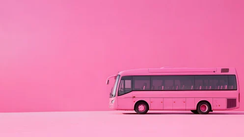 Side view of pink tour bus in monochromatic studio setting.