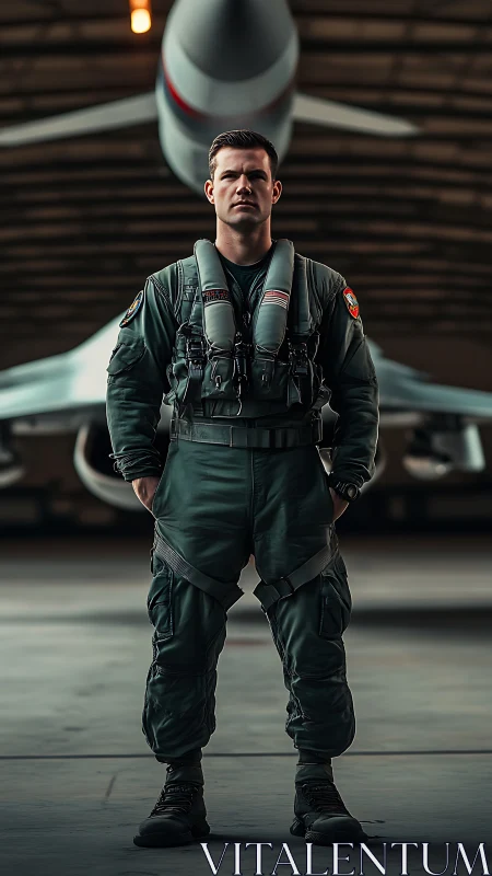Calm fighter pilot standing proudly before his jet plane.