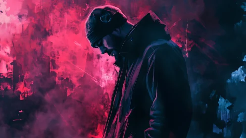 Solitary hooded figure in neon pink and blue digital scene.